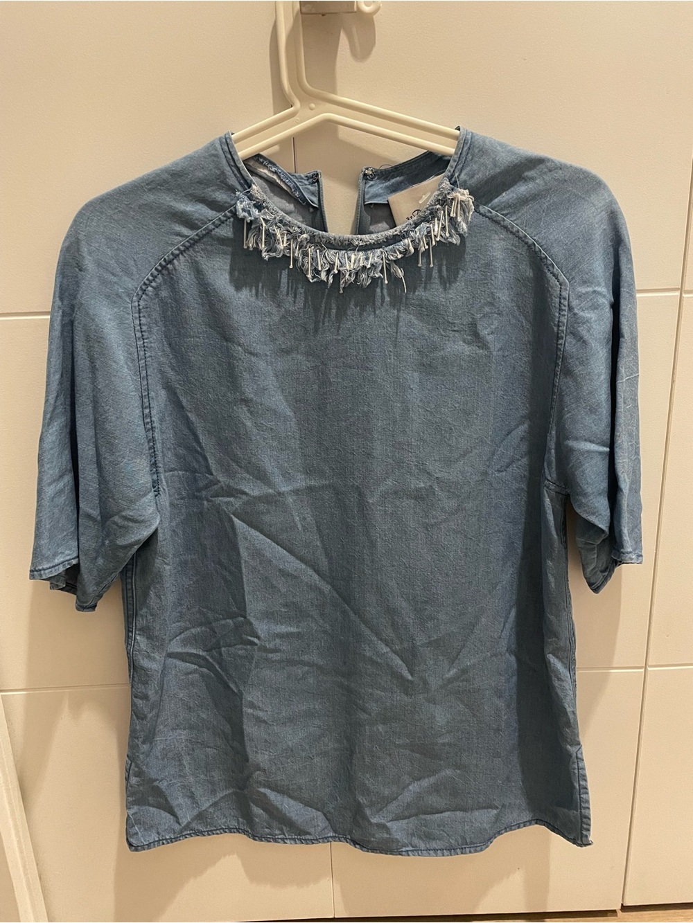 3.1 Phillip Lim Chambray Blue Fringe-Trim Denim Tee